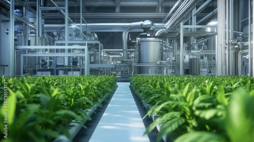 A futuristic indoor farm with rows of leafy greens growing under artificial light, with a central walkway and steel pipes overhead. A futuristic indoor farm with rows of leafy greens growing under artificial light, with a central walkway and steel pipes overhead.