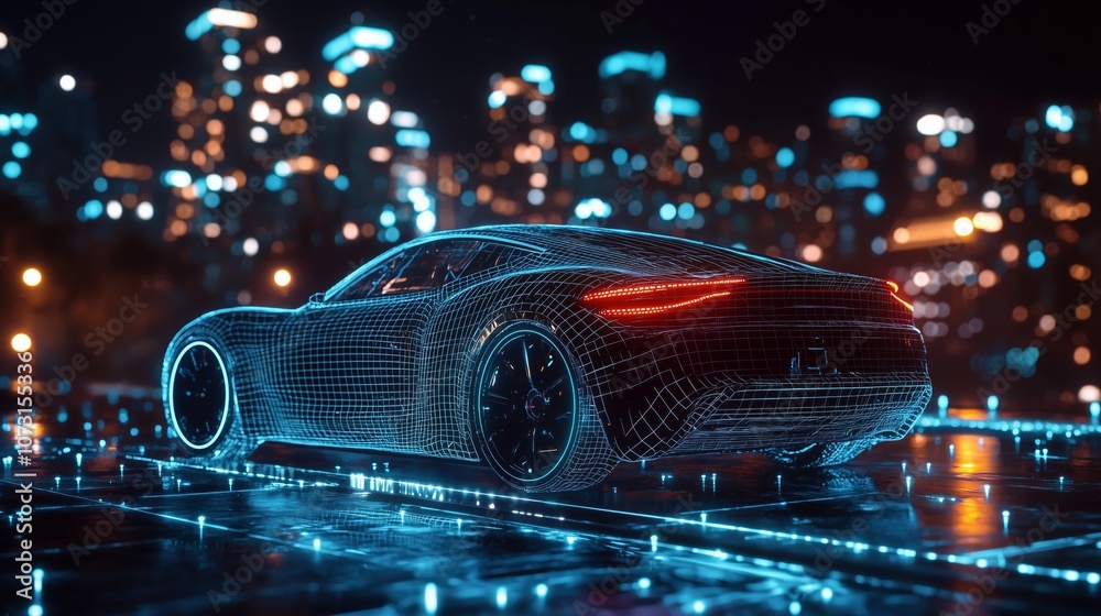 Futuristic Car Wireframe in Neon Cityscape Futuristic Car Wireframe in Neon Cityscape