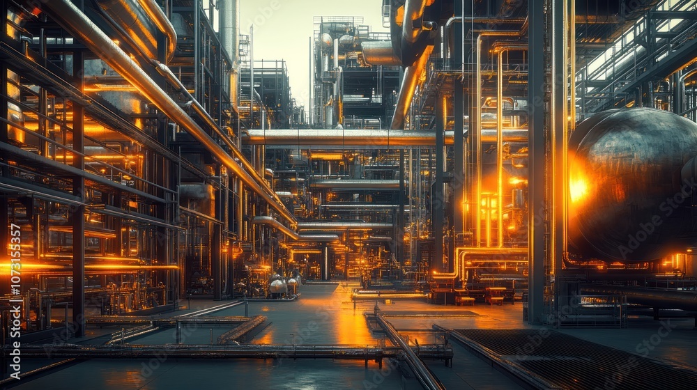 A futuristic industrial complex with a network of pipes and tanks. A futuristic industrial complex with a network of pipes and tanks.