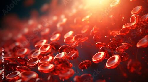 Close-up view of red blood cells in motion, showcasing their vibrant color and intricate details in a dynamic background.