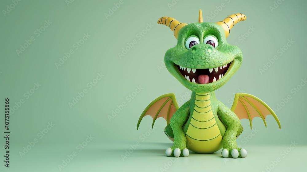 Fototapeta premium A cute cartoon dragon with big teeth and eyes smiles at the camera.