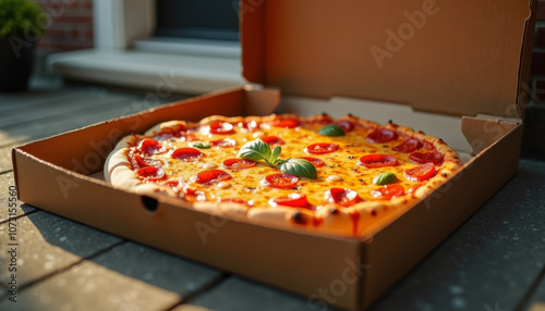 Delicious pepperoni pizza in opened box with basil topping outdoors photo