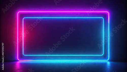 Abstract neon rectangle illuminated by pink and blue lamps on black background, high angle view