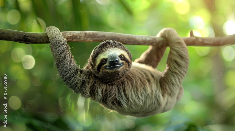 A sloth hanging upside down on a tree branch, looking directly at the camera. A sloth hanging upside down on a tree branch, looking directly at the camera.