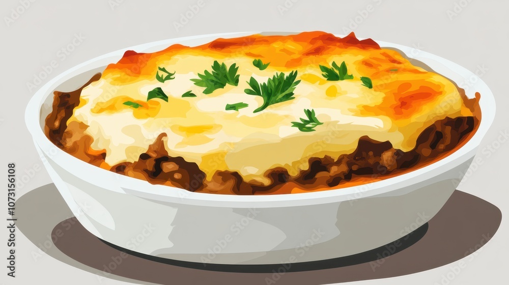 Traditional Greek Moussaka Illustration with Muted Colors Traditional Greek Moussaka Illustration with Muted Colors