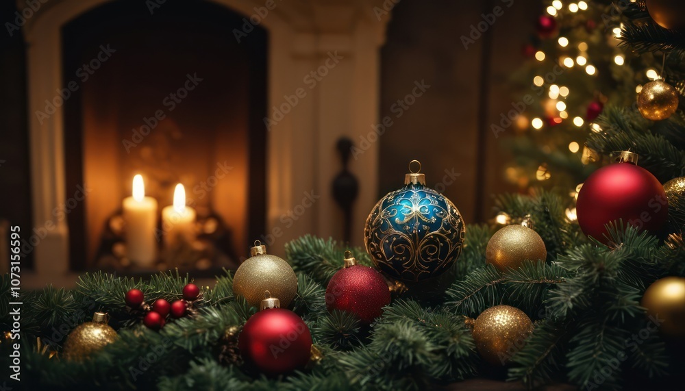 Fototapeta premium Christmas decoration background with tree and red ball