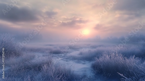 A Misty Sunrise Over a Frozen Meadow