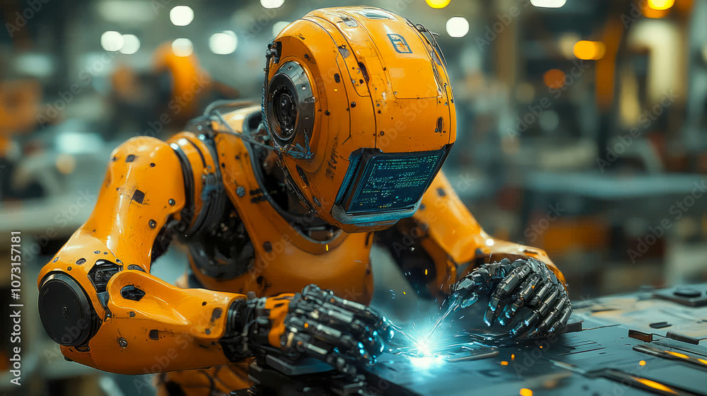 High-tech robot working in an industrial setting with sparks around, showcasing advanced machinery High-tech robot working in an industrial setting with sparks around, showcasing advanced machinery