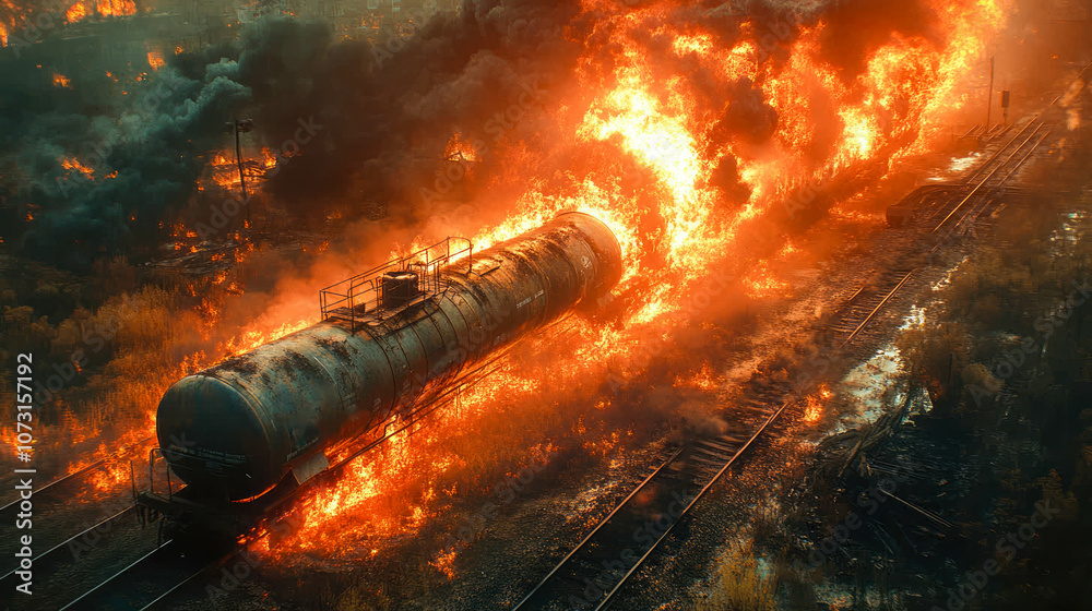 A dramatic scene of a derailed freight train with a tanker car ablaze, symbolizing danger, hazardous materials, and the risks associated with transportation incidents A dramatic scene of a derailed freight train with a tanker car ablaze, symbolizing danger, hazardous materials, and the risks associated with transportation incidents
