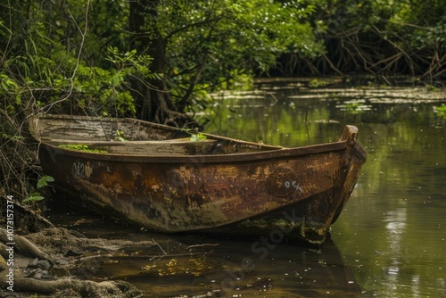 Old rusty boat is partially submerged, resting on the bank of a swampy lake surrounded by lush vegetation photo