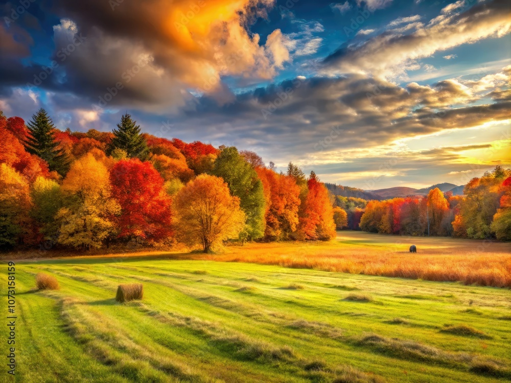 Naklejka premium Vibrant autumn scenery showcases mown dry grass and a gentle beveled meadow, ideal for enhancing high-quality publications, posters, calendars, screensavers, and websites with seasonal beauty.