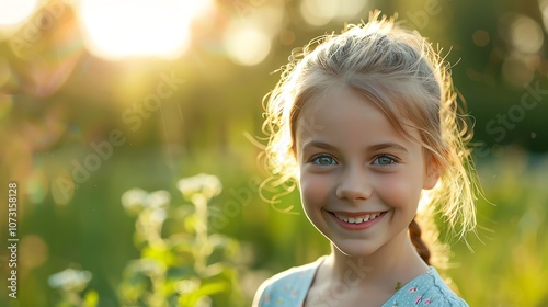 Smiling little girl with blonde hair and blue eyes in a field.