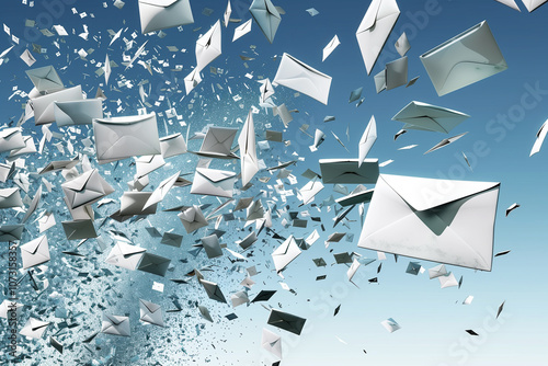 Flying envelopes in motion, representing communication and connectivity. Abstract background with envelope symbol for sending email illustration for commercial