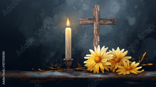 Serene still life with cross, yellow chrysanthemums and candles in soft glow of burning flame on dark blue background. Watercolour illustration for All Saints Day All Souls Day, memorials and funerals photo