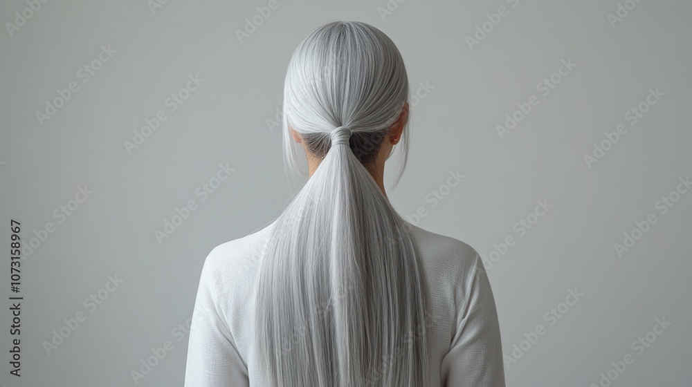 Rear view of a woman with long, silver hair pulled back in a ponytail. Rear view of a woman with long, silver hair pulled back in a ponytail.