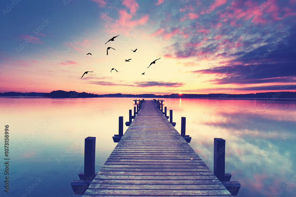 mystical and magical sunrise on the wooden pier in the calm and tranquill morning mystical and magical sunrise on the wooden pier in the calm and tranquill morning
