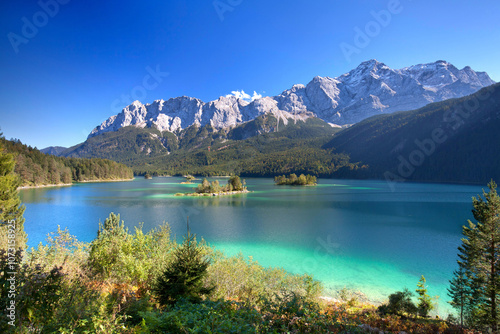 unique mountain lake, view over the lantern lake on a spring morning