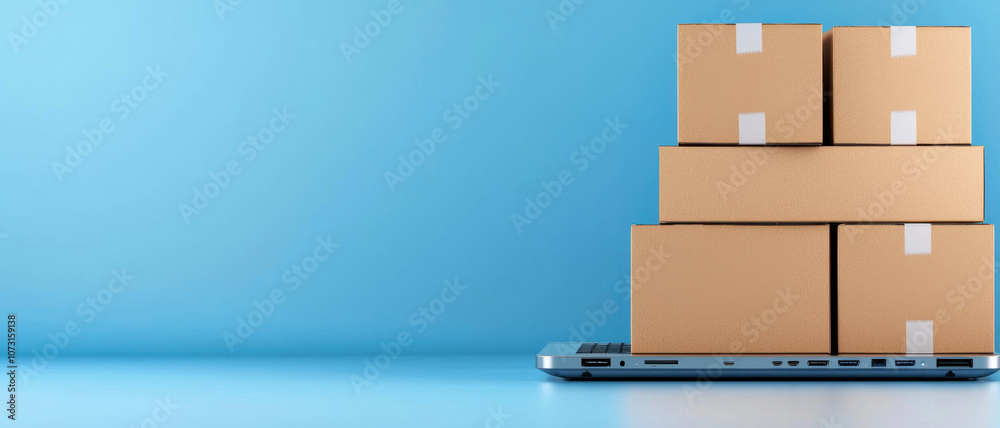 A stack of cardboard boxes on a laptop against a blue background, symbolizing online shopping and shipping logistics.