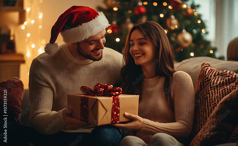 Happy Couple Exchanging Christmas Gift in Festive Living Room with Christmas Tree : Generative AI Happy Couple Exchanging Christmas Gift in Festive Living Room with Christmas Tree : Generative AI