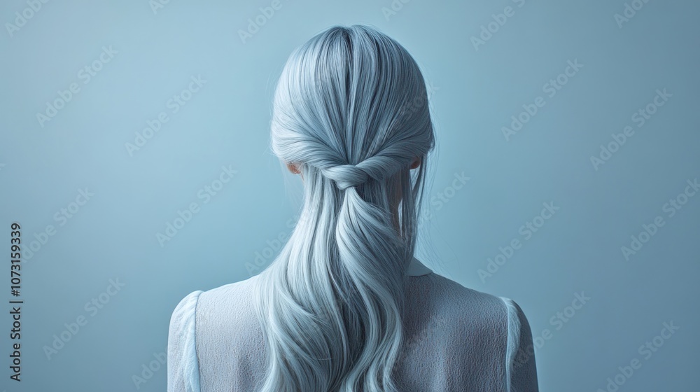 Back view of a woman with long, silver hair. Back view of a woman with long, silver hair.