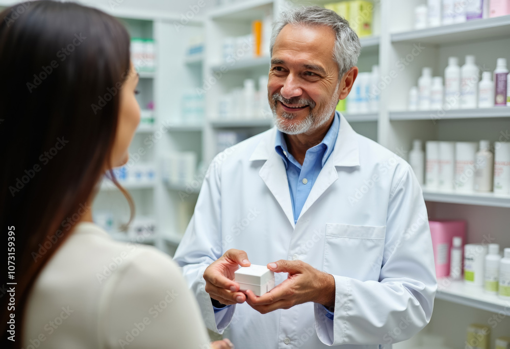 Obraz premium Friendly pharmacist assisting customer in modern pharmacy setting