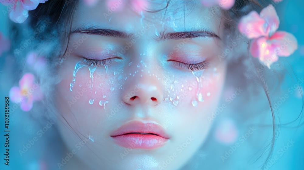 Closeup portrait of a young woman with closed eyes and water droplets on her face, surrounded by pink flowers. Closeup portrait of a young woman with closed eyes and water droplets on her face, surrounded by pink flowers.