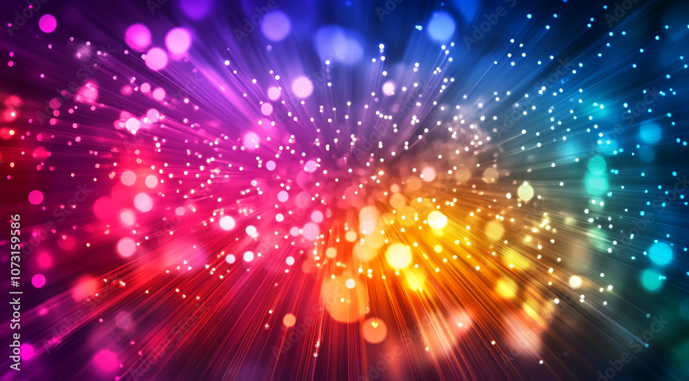 Obraz premium A burst of colorful lights creates a dazzling display of light beams and bokeh. The background is dark, highlighting the bright, vibrant colors of the light