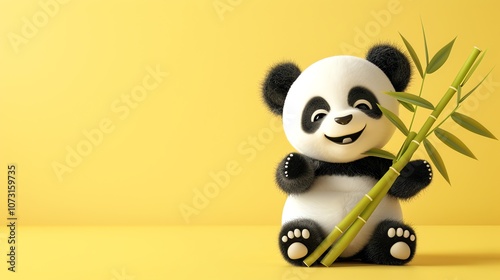 A cute cartoon panda holding bamboo on a yellow background. photo