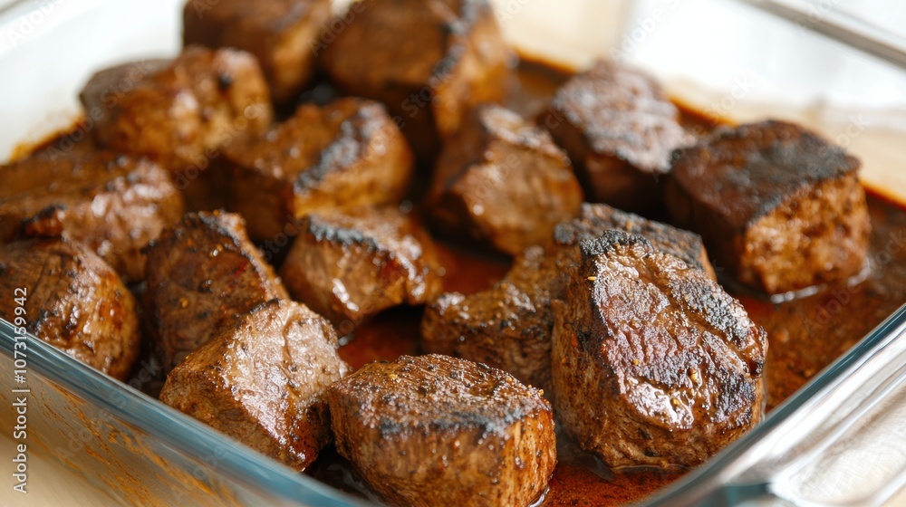 Succulent slices of marinated steak rest in a glass dish, exuding a rich aroma and promising a delectable dining experience. Succulent slices of marinated steak rest in a glass dish, exuding a rich aroma and promising a delectable dining experience.