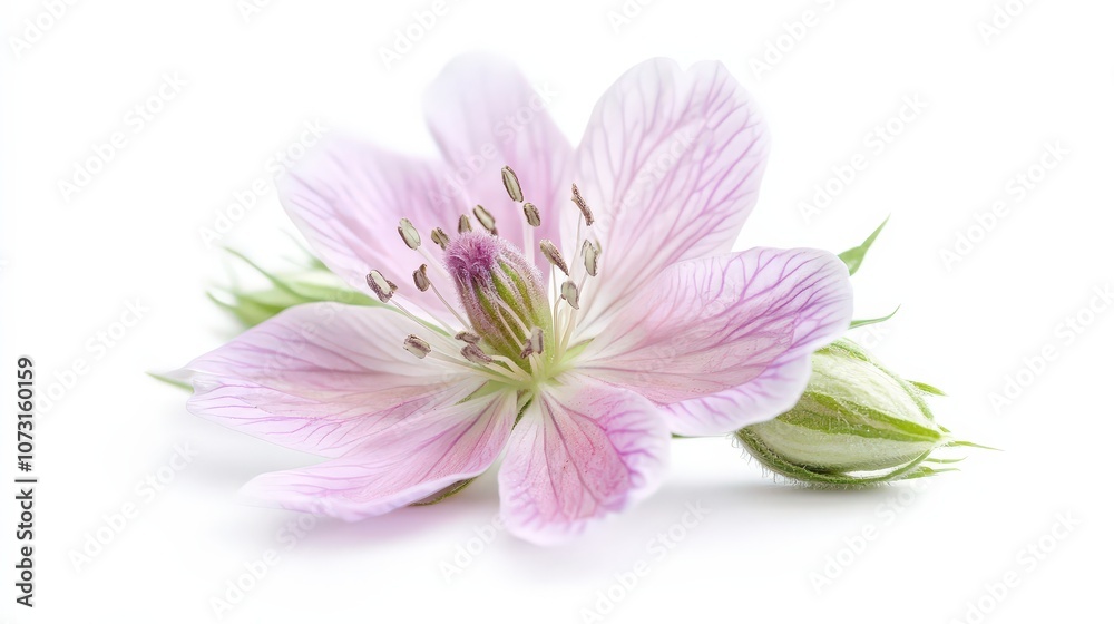 Delicate pink flower with green buds on white background Delicate pink flower with green buds on white background