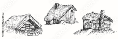 House or cabin with grass roof in sketch hand drawn style. Vector monochrome illustration.