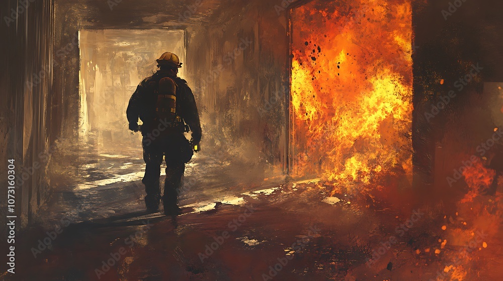 Firefighter Facing the Blaze in a Burning Building Firefighter Facing the Blaze in a Burning Building