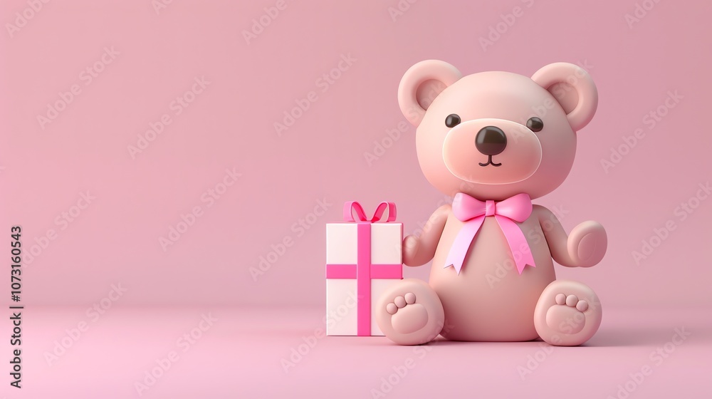 Obraz premium A pink teddy bear sits on a pink background holding a pink gift box with a pink bow.