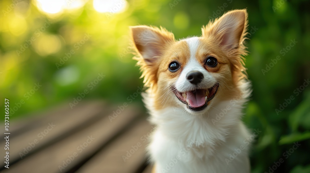 A joyful small dog with a playful expression in a lush green environment. A joyful small dog with a playful expression in a lush green environment.