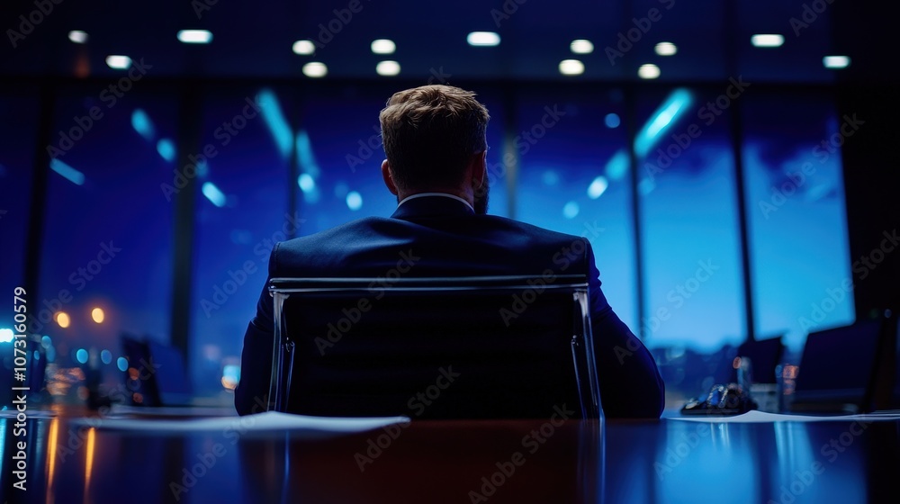 A pensive businessman gazes out of a modern office window at night. A pensive businessman gazes out of a modern office window at night.