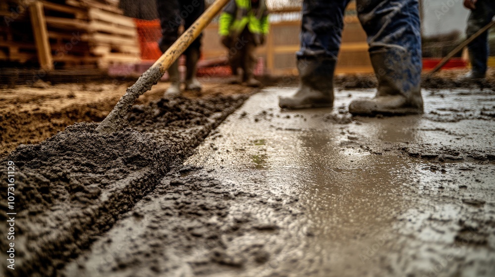 Construction workers pouring and smoothing concrete at a job site. Construction workers pouring and smoothing concrete at a job site.