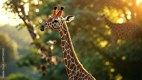 Giraffes and Zebras in Harmony at Treetops in African Savanna