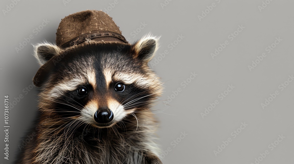 Fototapeta premium A raccoon in a brown cap looks intently at the camera.