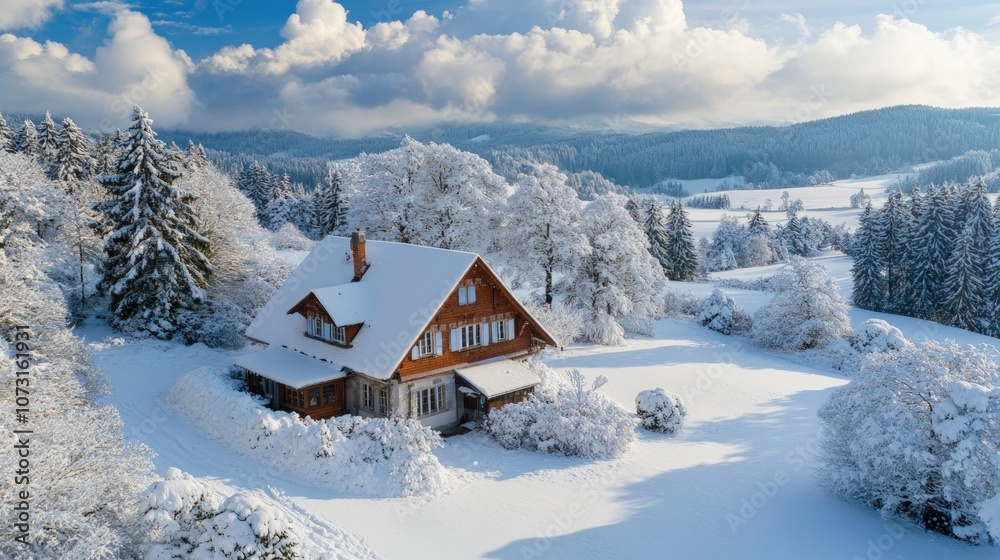 A snow-covered house with a wooden exterior sits on a hilltop amidst a snowy landscape, with a bright blue sky and fluffy white clouds in the background. A snow-covered house with a wooden exterior sits on a hilltop amidst a snowy landscape, with a bright blue sky and fluffy white clouds in the background.