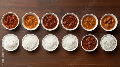 Various Indian rice and curry meals photographed from above