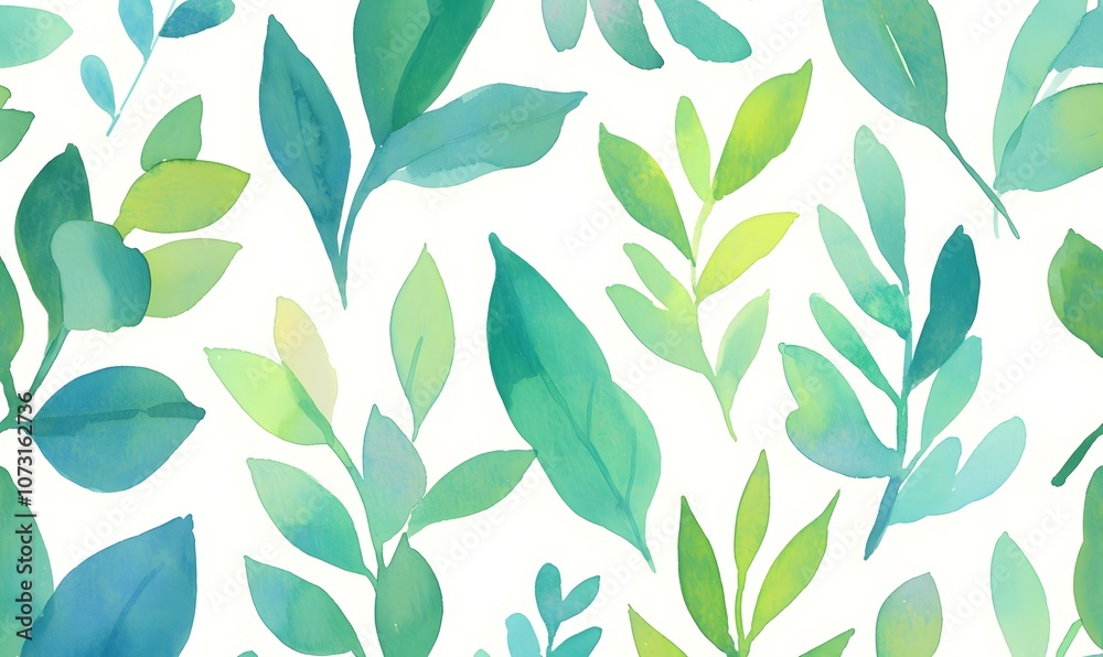 custom made wallpaper toronto digitalWatercolor Pattern with Green and Blue Leaves, Generative AI
