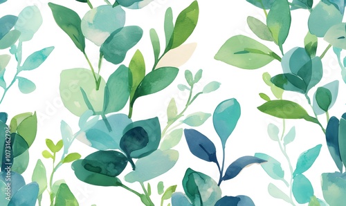 Watercolor Pattern with Green and Blue Leaves, Generative AI 