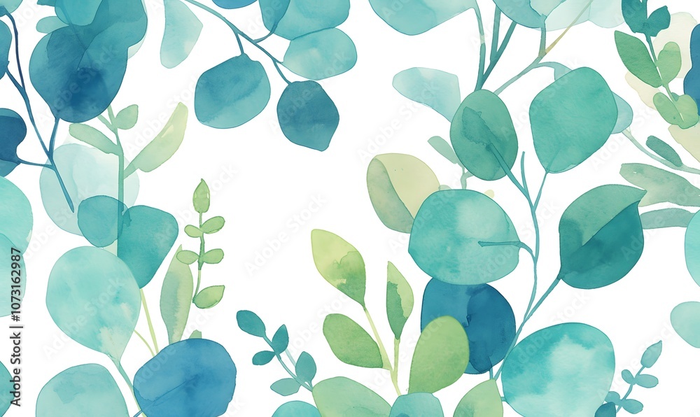 Watercolor Pattern with Green and Blue Leaves, Generative AI 