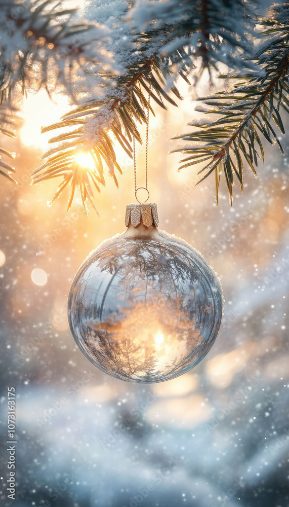 Christmas bauble with snowy reflections hanging on a pine branch, surrounded by warm, glowing lights in a winter wonderland. Christmas bauble with snowy reflections hanging on a pine branch, surrounded by warm, glowing lights in a winter wonderland.