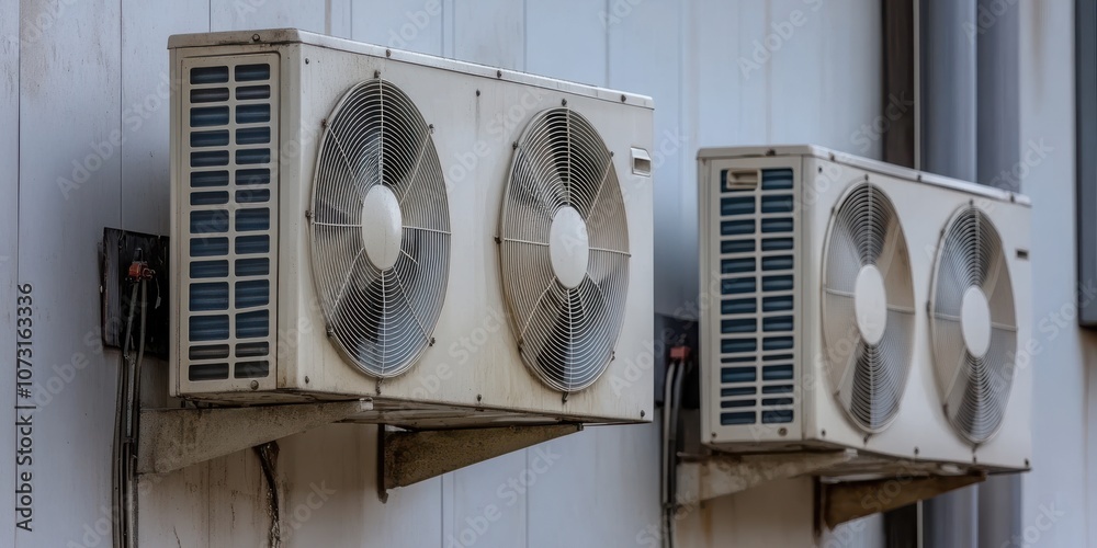Two large air conditioning units mounted on a building wall, showcasing ...