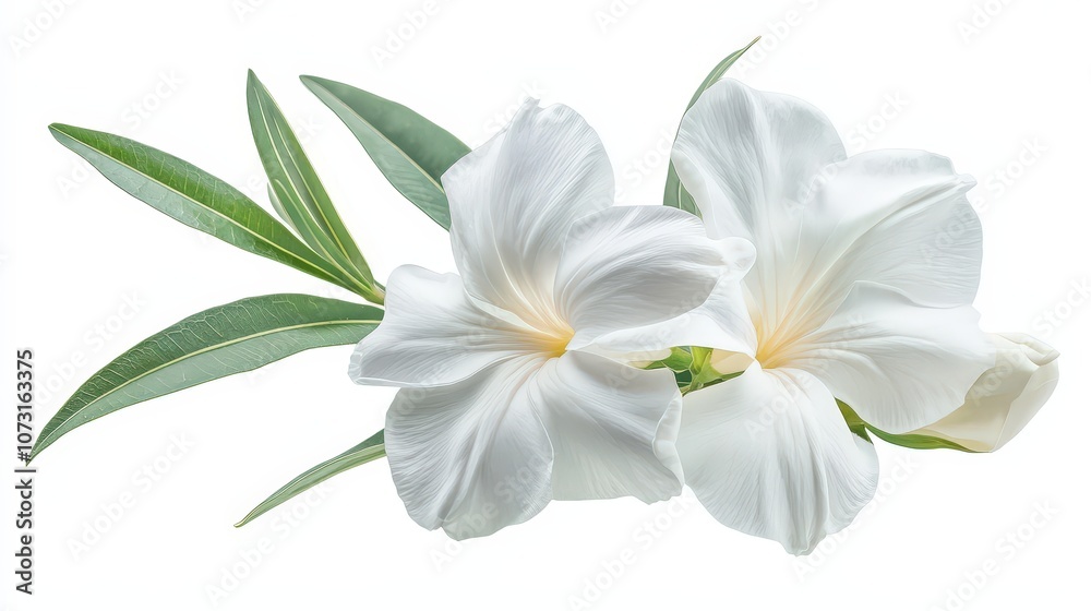 Fototapeta premium Elegant white oleander flowers with lush green leaves on white background