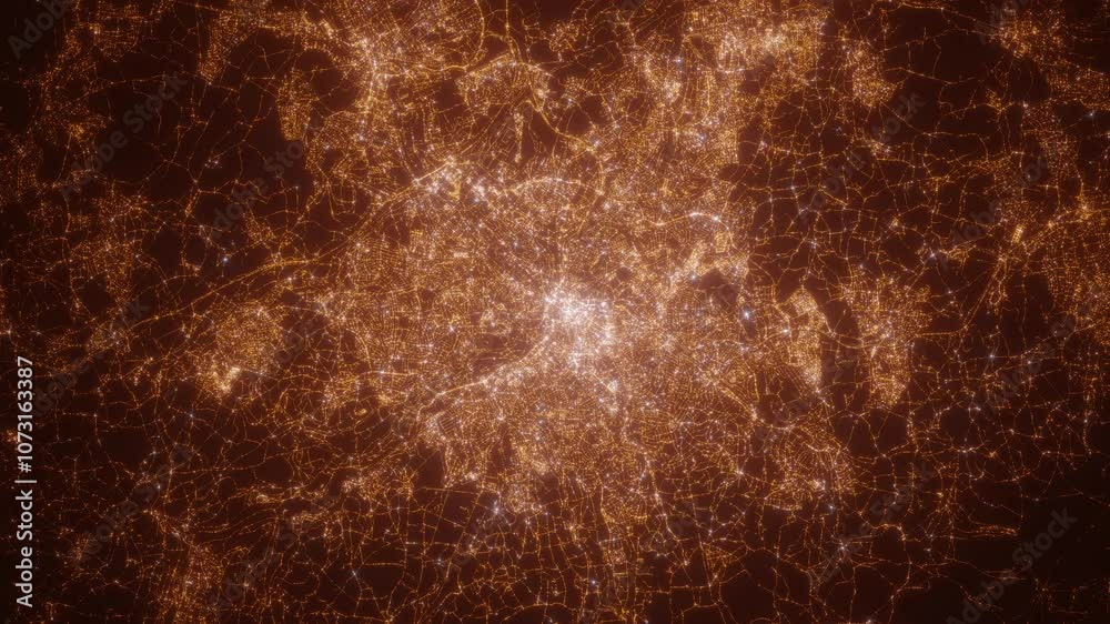 Sheffield (United Kingdom) top view at night. Aerial view on modern city with lights. Camera is flying above the city, moving backward. Vertical video. The north is on the left side
