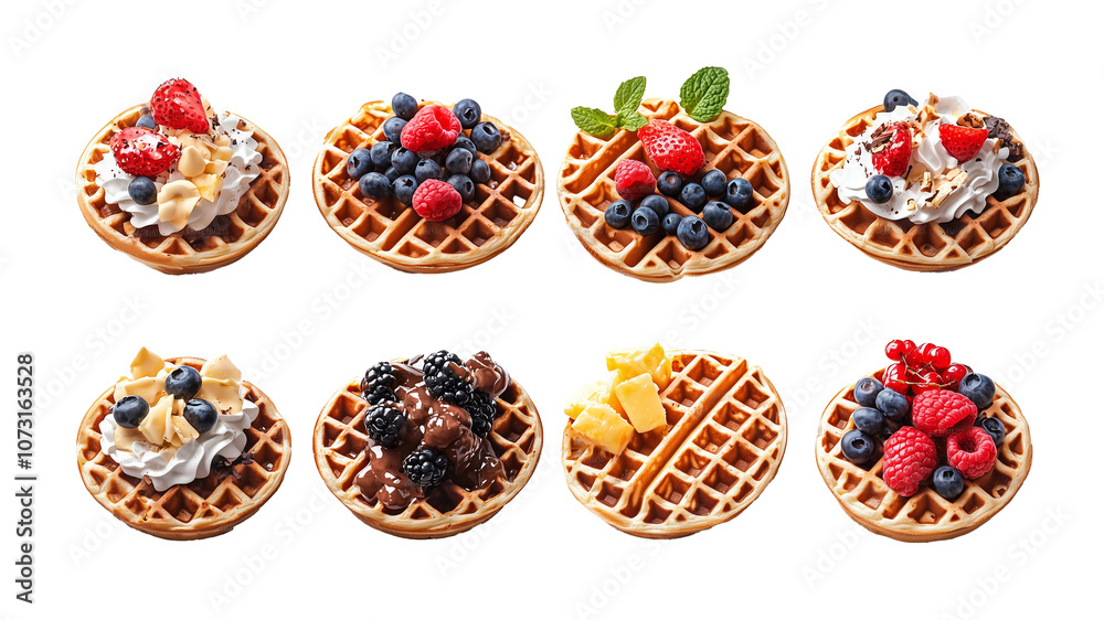 Set of delicious waffles with different toppings, isolated on transparent background. Cutout, PNG. Set of delicious waffles with different toppings, isolated on transparent background. Cutout, PNG.