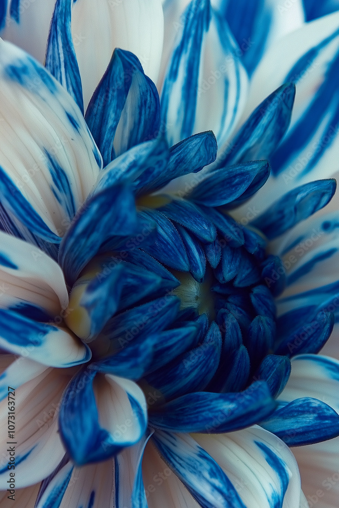 Obraz premium Close-up of a blue and white flower with intricate petal details against a soft background