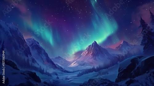 Mountain Range Illuminated by the Aurora Borealis